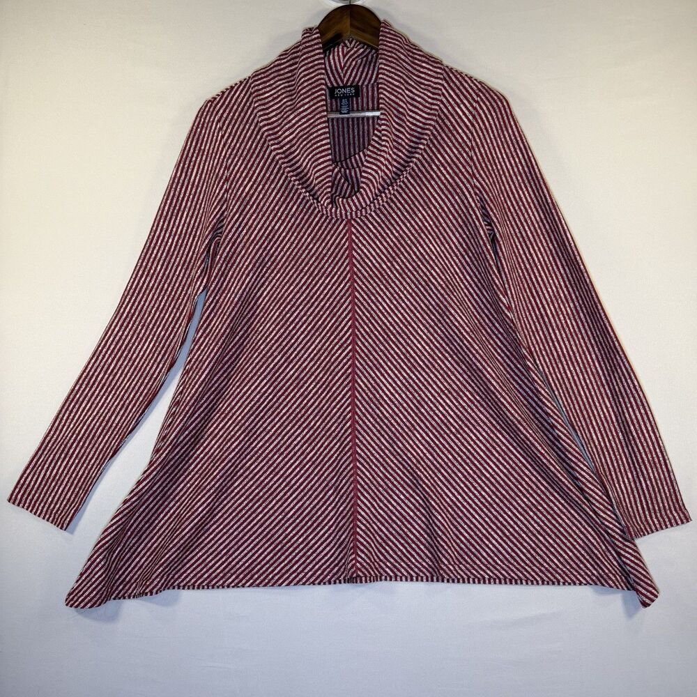 Jones New York Blouse Shirt Top Red Gray Stripe Cowl Neck Long Sleeve Tunic Sz M